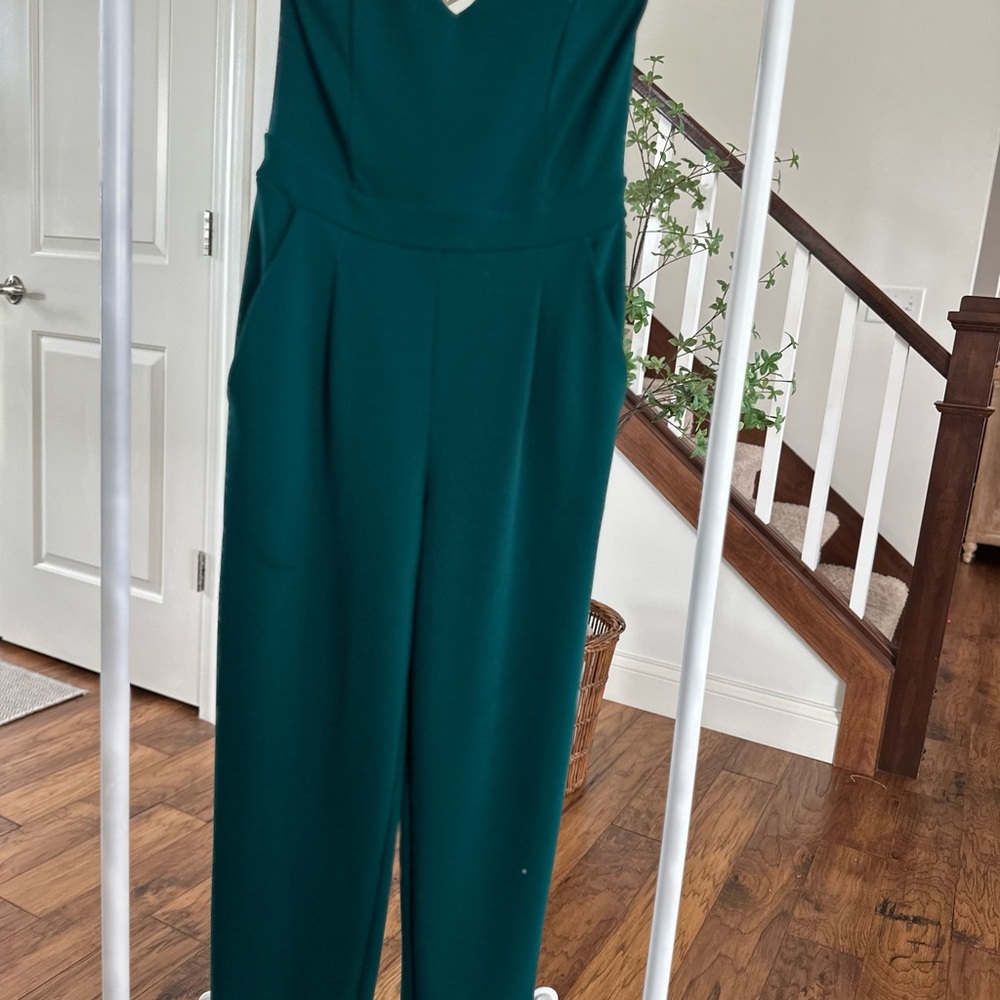 Express strapless jade green wideLeg cropped jumpsuit